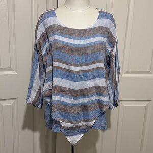 Terra Blu Made in Italy Relaxed Striped Linen-Blend Langelook Top in Blue/Brown
